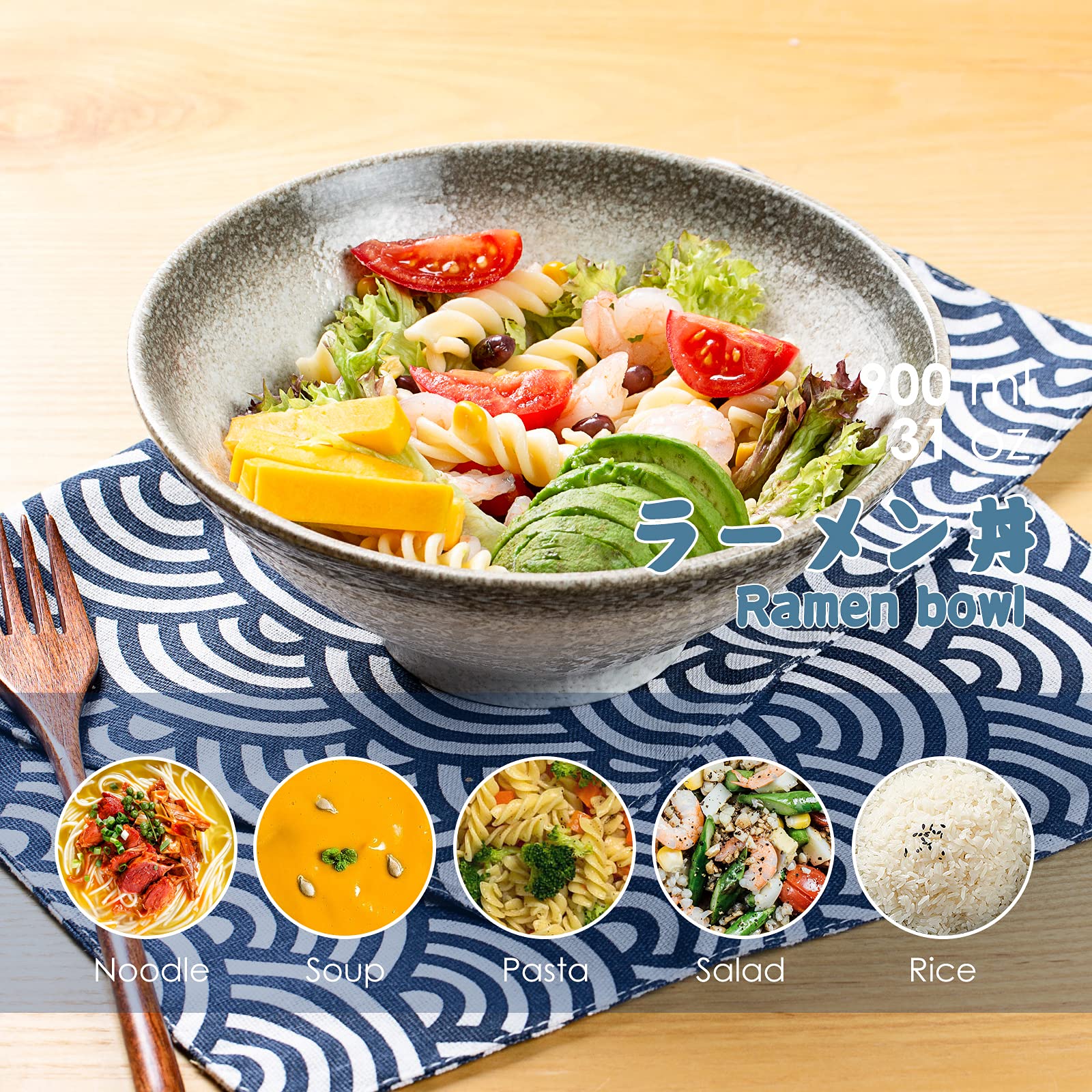 Keramische Ramen Bowl Set, 2 × 1500 ml Japanse noedelkom met