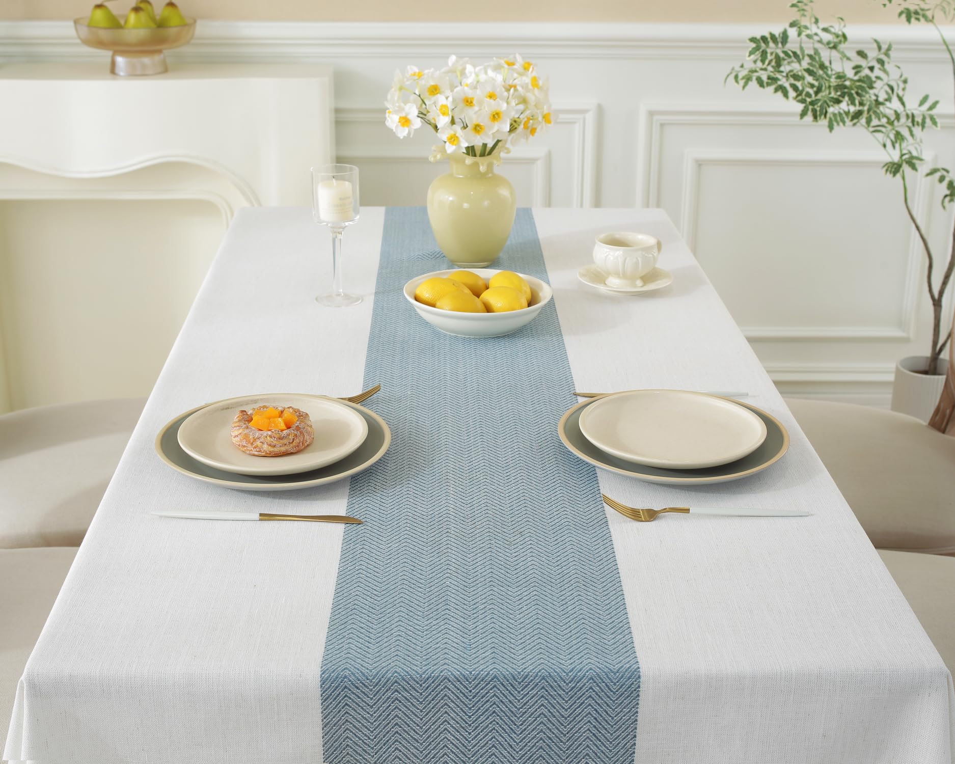 Alsoo Tablecloth for Dining Table Rustic Farmhouse Kitchen Wrinkle Free Table Cloths Coffee Table Cover, Cotton Linen Fabric Rectangle Tablecloth, Beige, Blue Stripe, 55x75 Inches