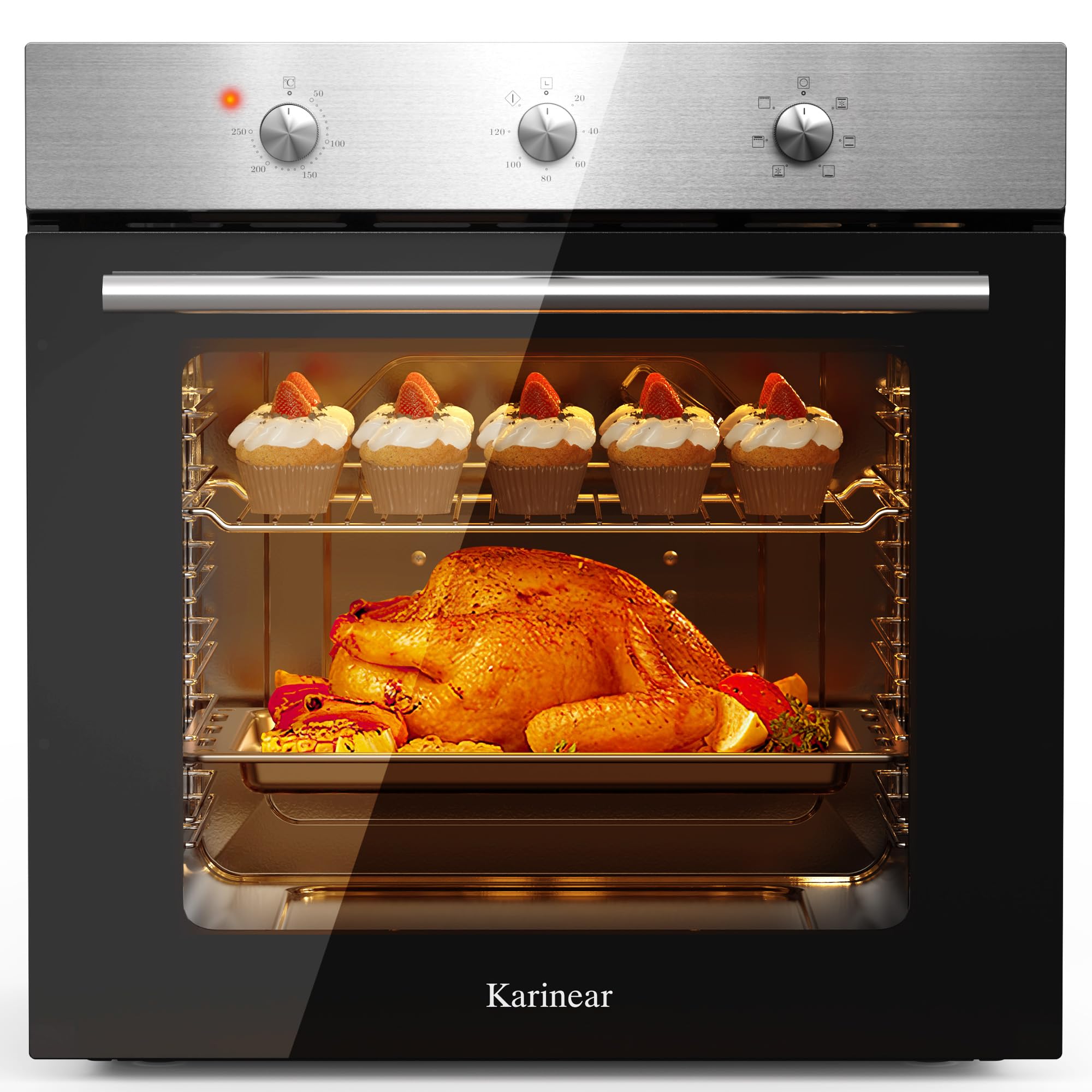 Karinear Einbaubackofen 60 cm 60L mit Stecker, 6 Programme, 2200W, Silber | 60L Einbaubackofen mit 6 Programme, Backofen 230v für Steckdose, 2200W Schnellheizung,50–250°C und einfache Knopfsteuerung