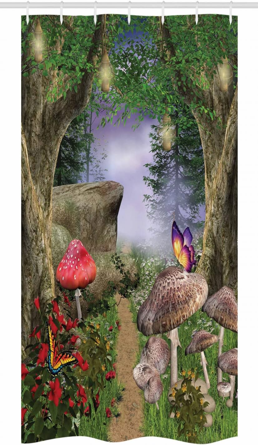 Ambesonne Mushroom Stall Shower Curtain, Enchanted Nature Pathway Butterflies Landscape Rocks, Fabric Bathroom Decor Set with Hooks, 36" W x 72" L, Tan Green Red