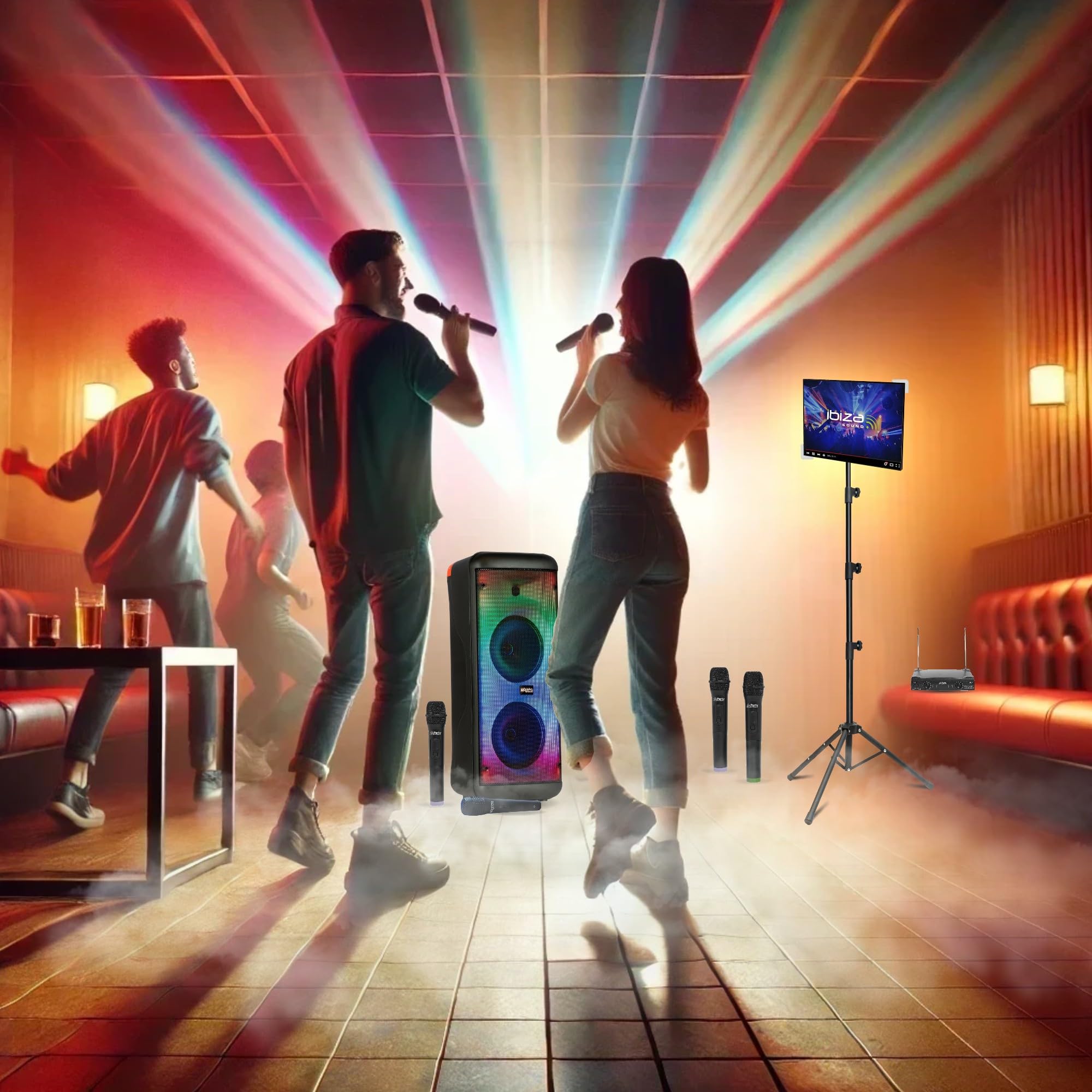 MOOVING LIGHT & SOUND - Pack Enceinte 600W Karaoke sans Fil Bluetooth USB Mooving ELECTRO-SOUND600 4 micros - Support Tablette SMM20 - Soirée Anniversaire