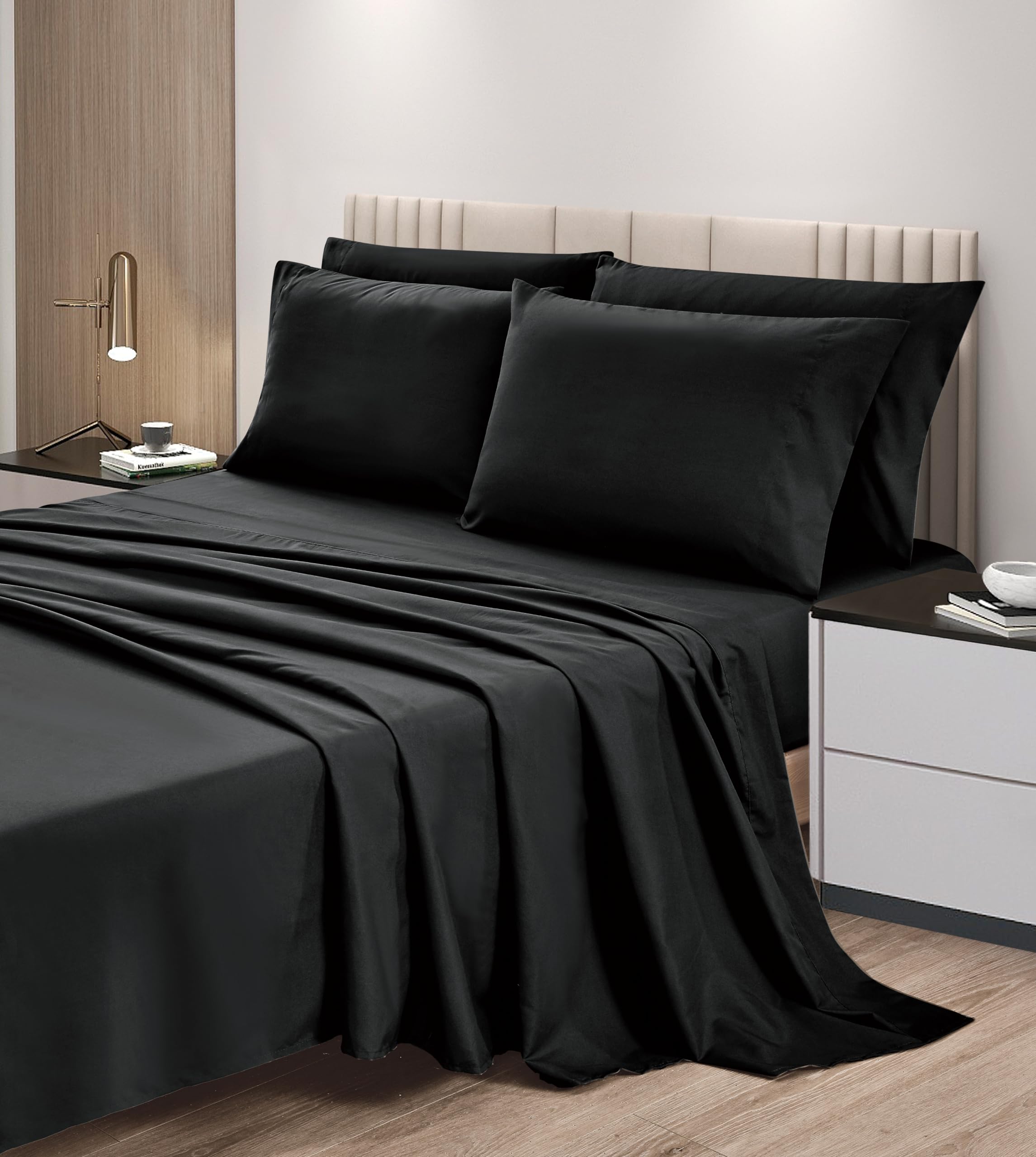 Chezmoi Collection 6-Piece Black Sheet Set Queen - Extra Soft Breathable Brushed Microfiber Bed Sheets with 15 Deep
