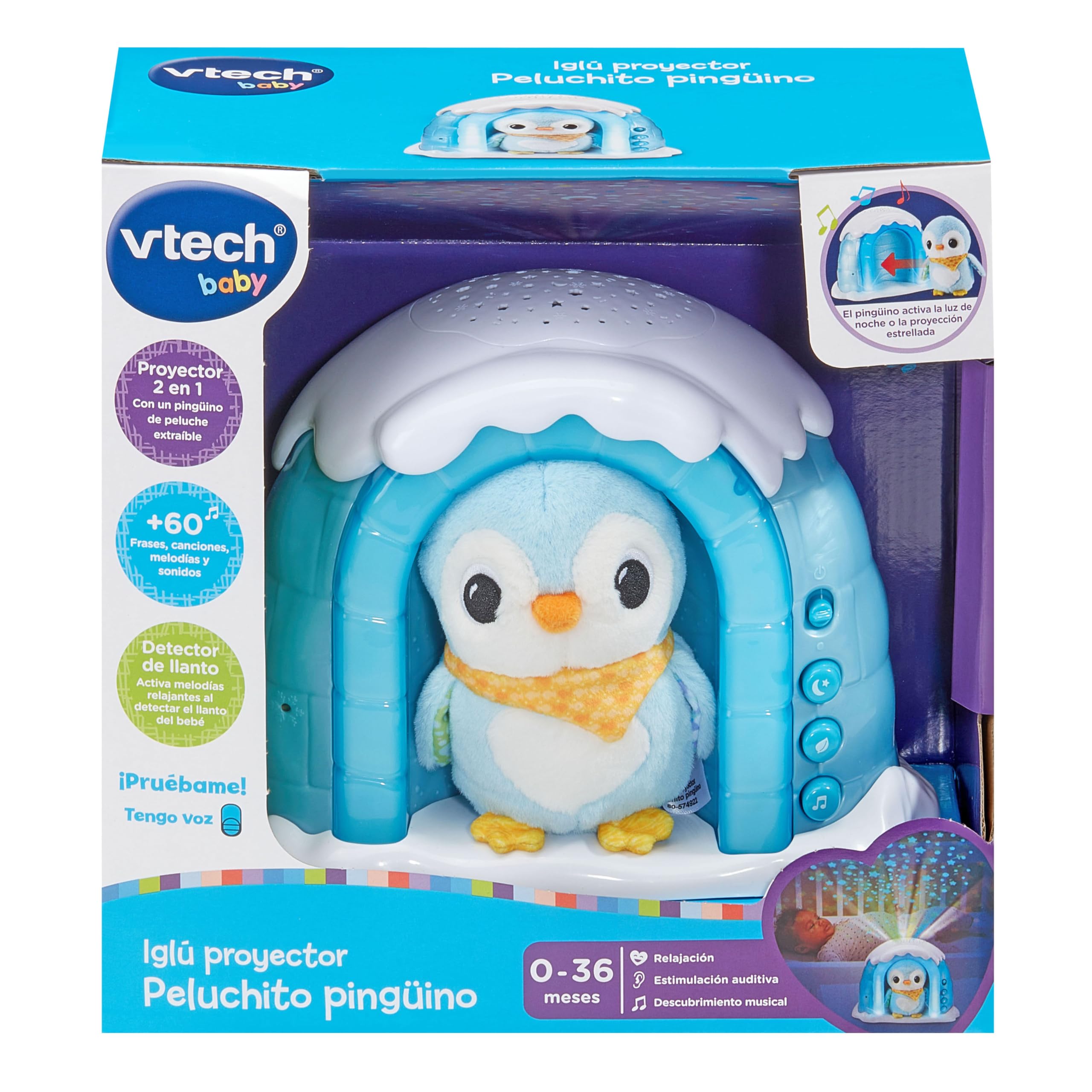 VTech-Baby Iglú Proyector Peluchito Pingüino, Juguete bebés recién Nacidos, Proyector Musical con Luces y Cielo Estrellado, Peluche Interactivo, Nanas y Sonidos Naturaleza, Versión ESP