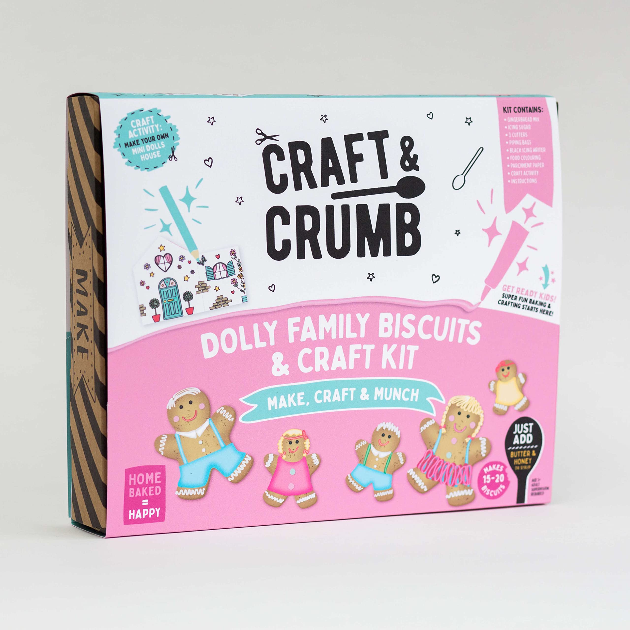 Craft & Crumb Dolly Biscuit Bake & Craft Kit - Gift Set - Biscuit Decorating - Includes Cookie Mix, Icing & Cutters Xmas Gift for kids