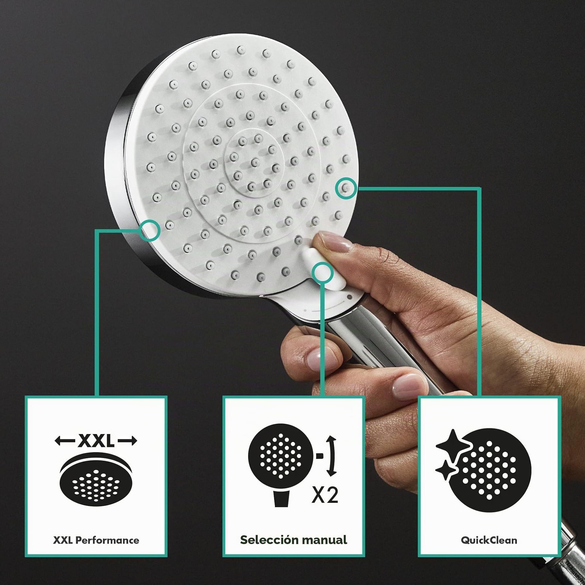hansgrohe Vernis Shape - sistema de ducha con termostato, ducha lluvia (230 x 170 mm) con grifo, ducha de mano (2 tipos de chorro), flexo, barra, ducha fija rectangular (1 tipo de chorro), cromo