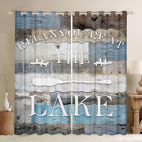 Lake House Window Curtain Rustic Farmhouse Curtains Blue Grey Retro Wooden Window Treatment Curtain for Kids Adults Men Teens Bedroom Decor,Lake Life White Cabin Window Drapes,Top 2 Panel,42Wx84L