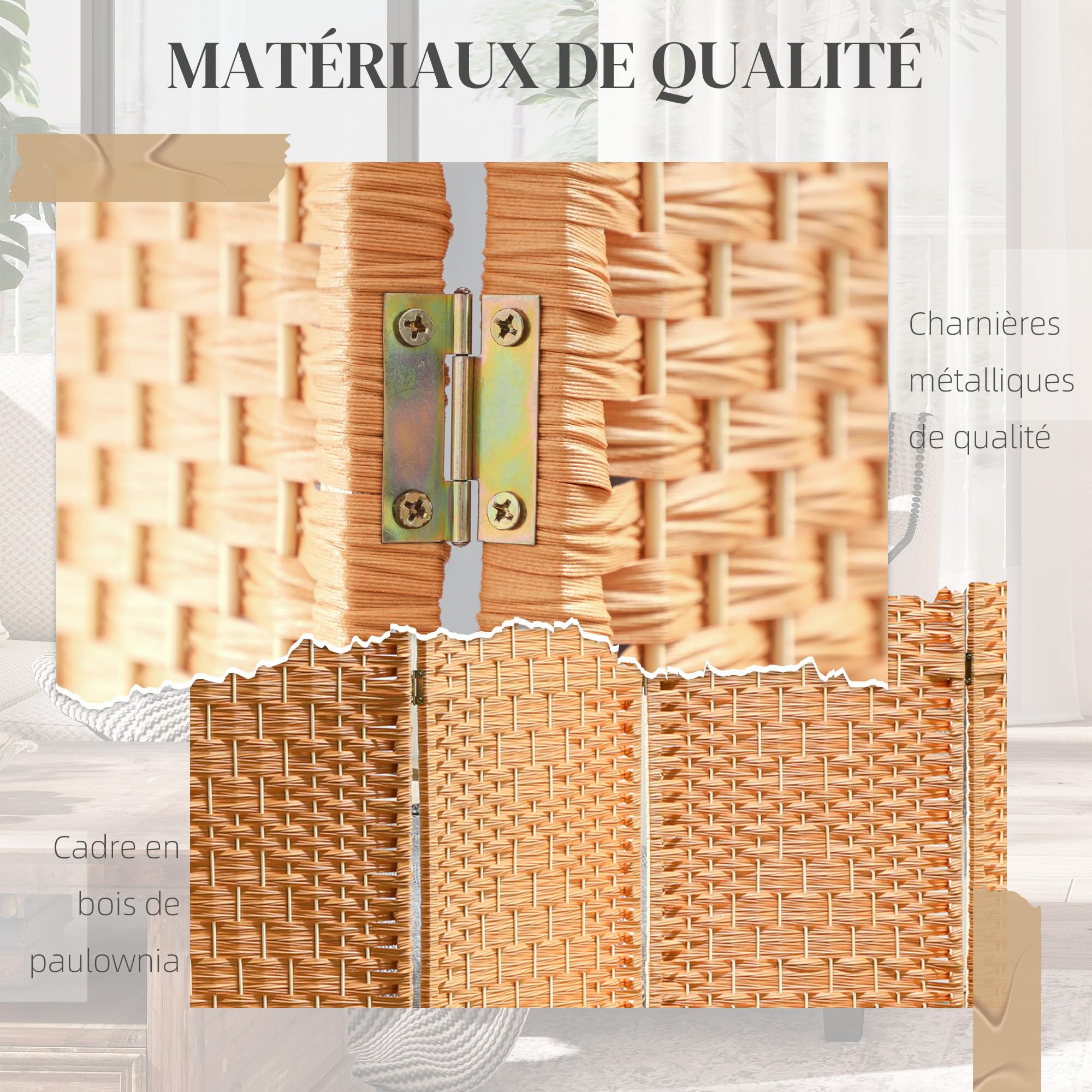 HOMCOM Paravent Intérieur en Bois, 4 Panneaux, 180 x 180 cm, Séparateur de Pièce Pliable, pour Salon, Chambre à Coucher, Maison, Brun Clair