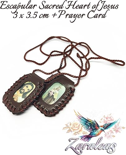 Miniatura 3 de Escapulario en Cuero sagrado Corazon, Virgen del Carmen, Virgen de Guadalupe y san Miguel arcangel. 1.2x1.4 in. (Marrón)