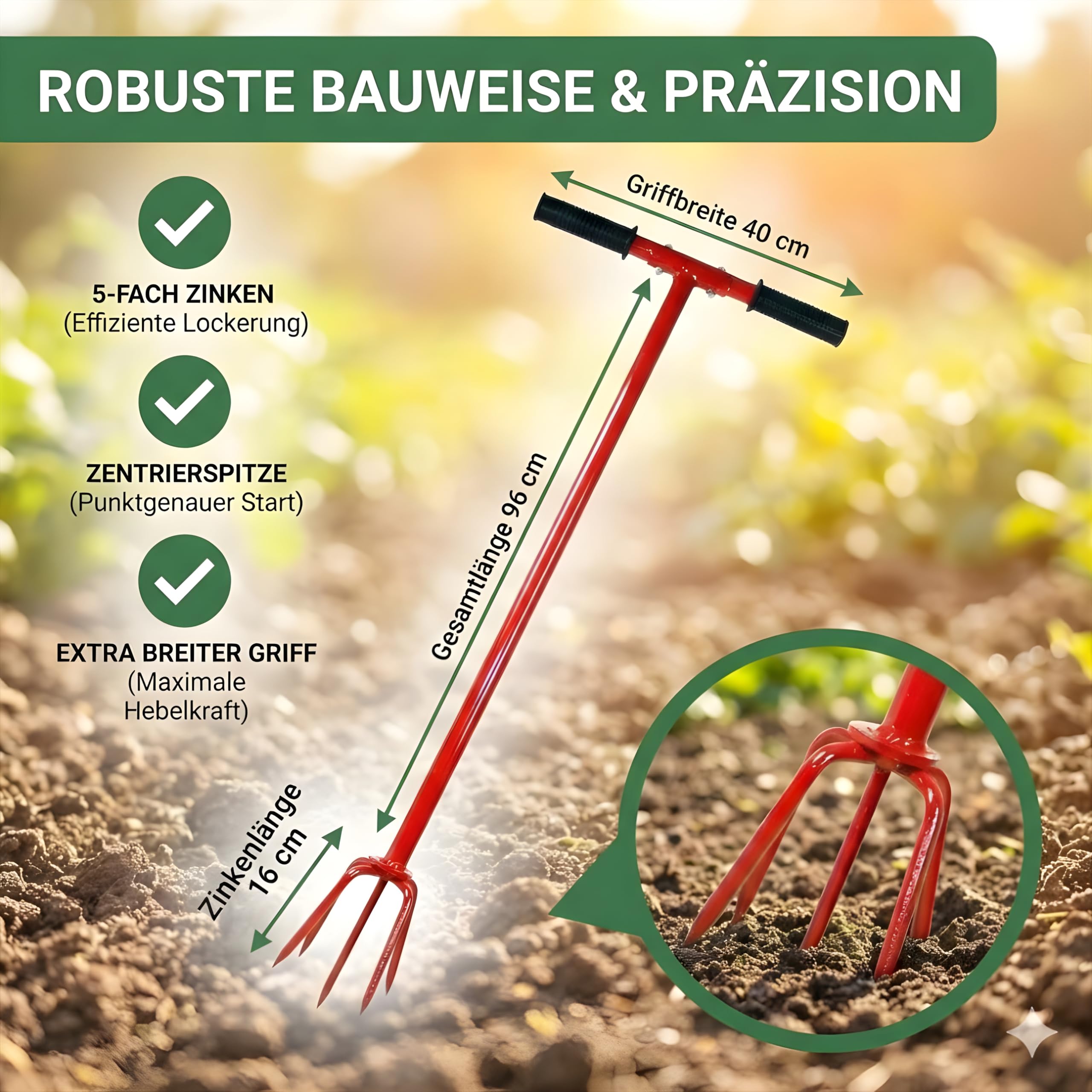 Erdkralle 96cm mit Zentrierspitze – 5-Zinken Gartenkralle & Bodenlüfter – Robuster Kultivator zur Bodenlockerung – Rückenschonende Handfräse mit gummiertem Griff – Ideal für Pflanzerde