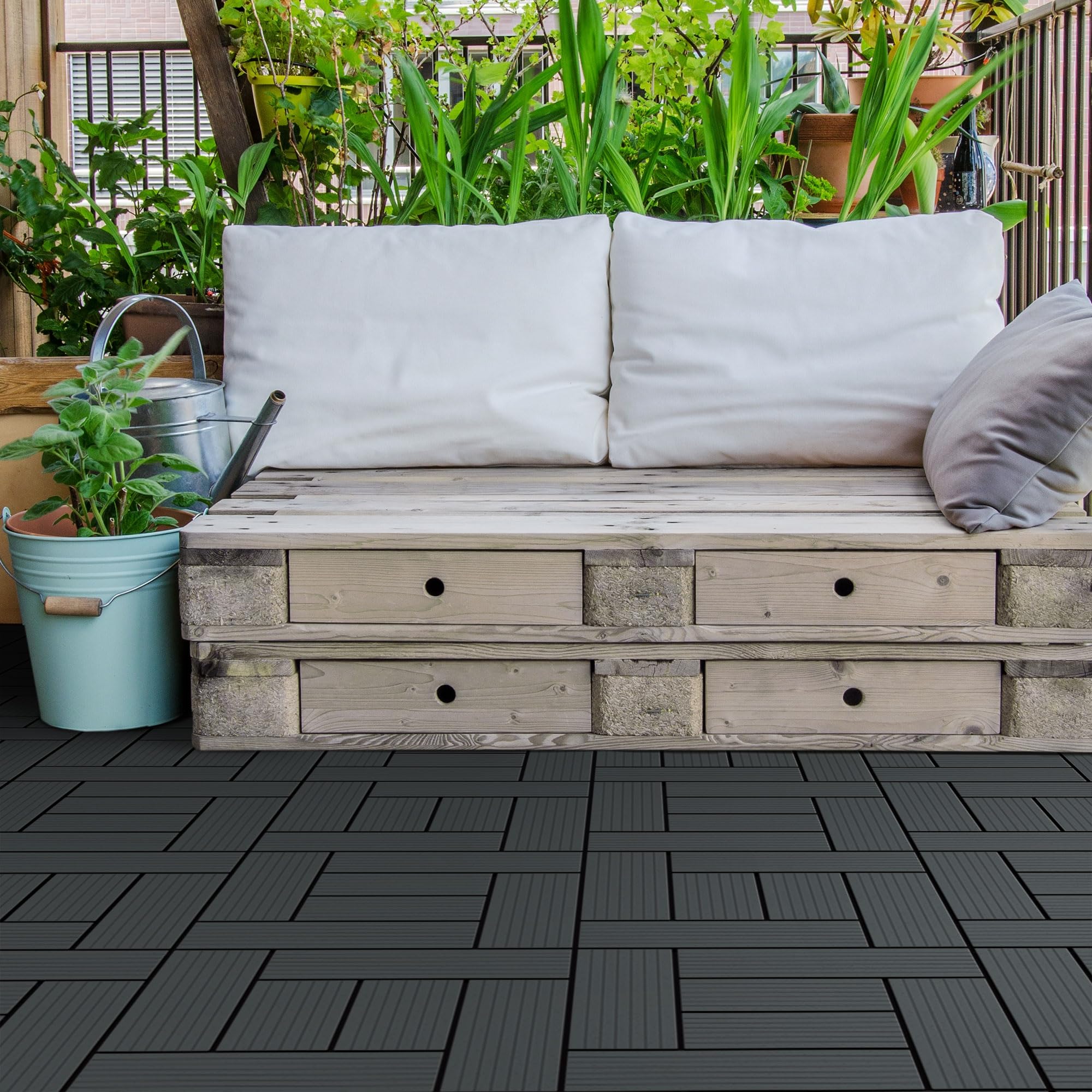 ECD Germany Dalles Terrasse Clipsables WPC 30x30 cm/11 pièces=1m² Anthracite Mosaïque Aspect Bois Carreaux avec Système à Clic et Drainage Revêtement de Sol Carrelage Lames Patio Jardin Extérieur