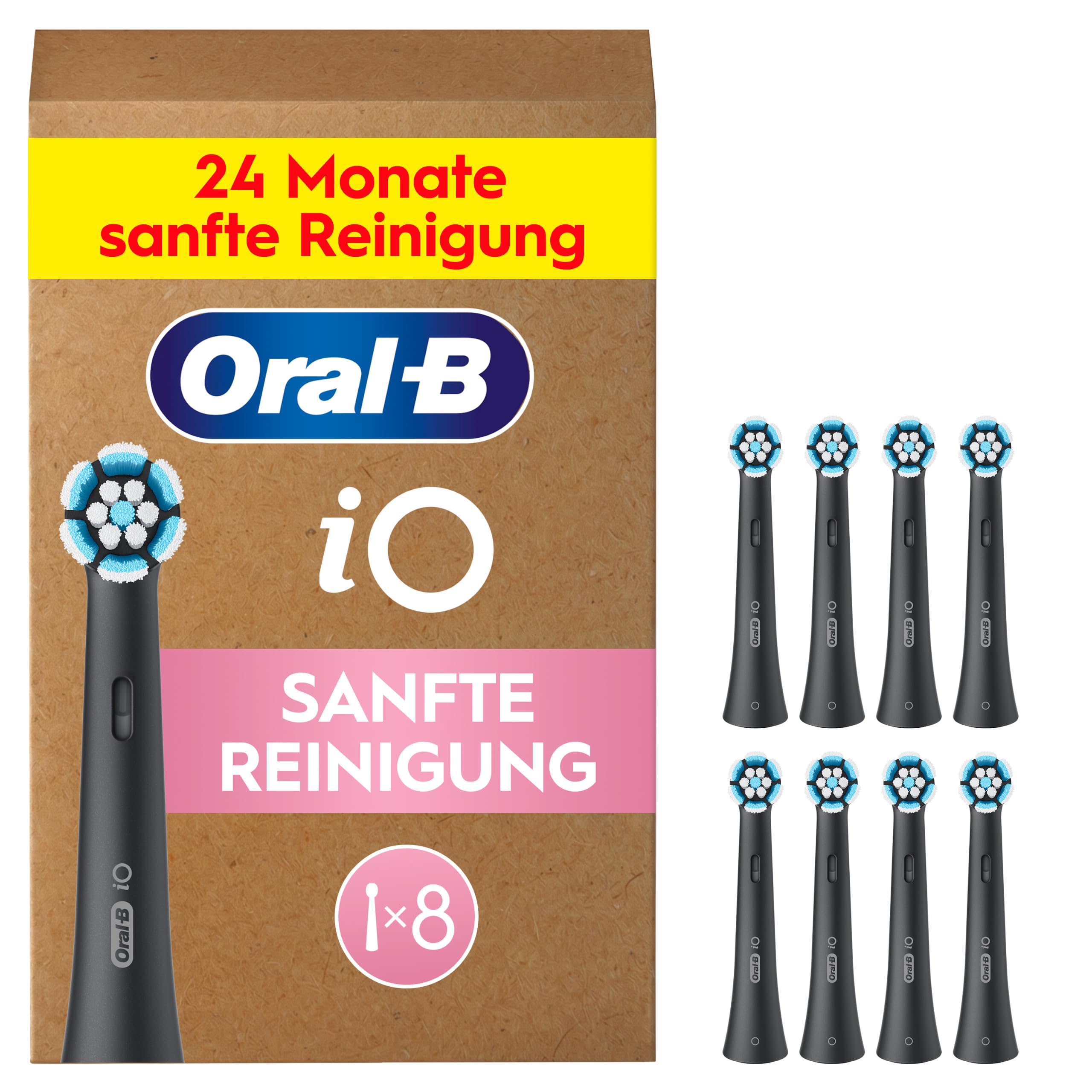 Oral-B iO Aufsteckbürsten Sanfte Reinigung, Schwarz, 8 Stück | Original Zahnbürstenaufsatz für Elektrische Zahnbürste, Zahnbürstenköpfe für Empfindliches Zahnfleisch Und Zähne