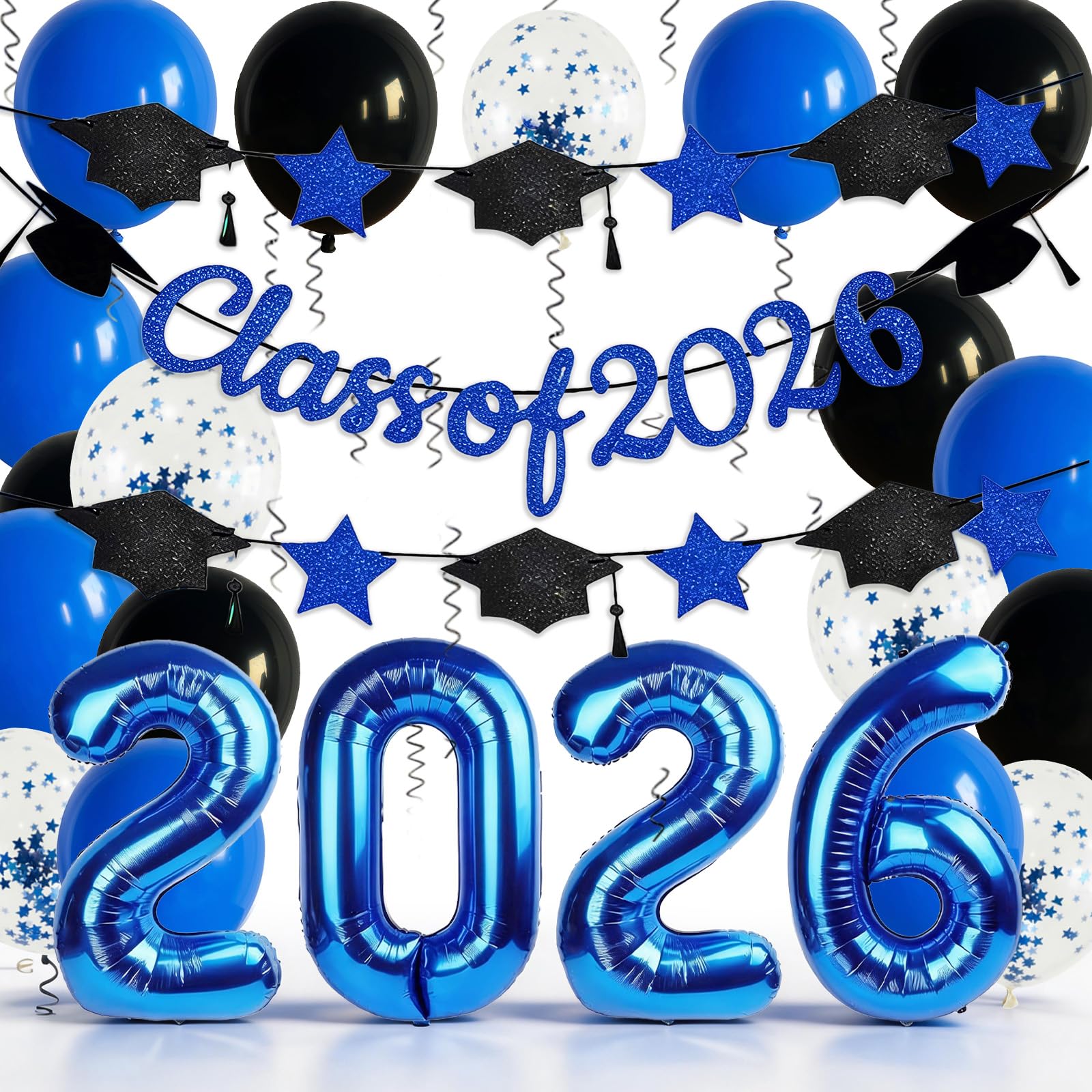 2026 Graduation Balloons Set, Class of 2026 32 Inch Blue 2026 Number Foil Balloons Star Cap Garland Banner Blue Black Confetti Balloons for Senior High School College Congrats Grad Party Decorations