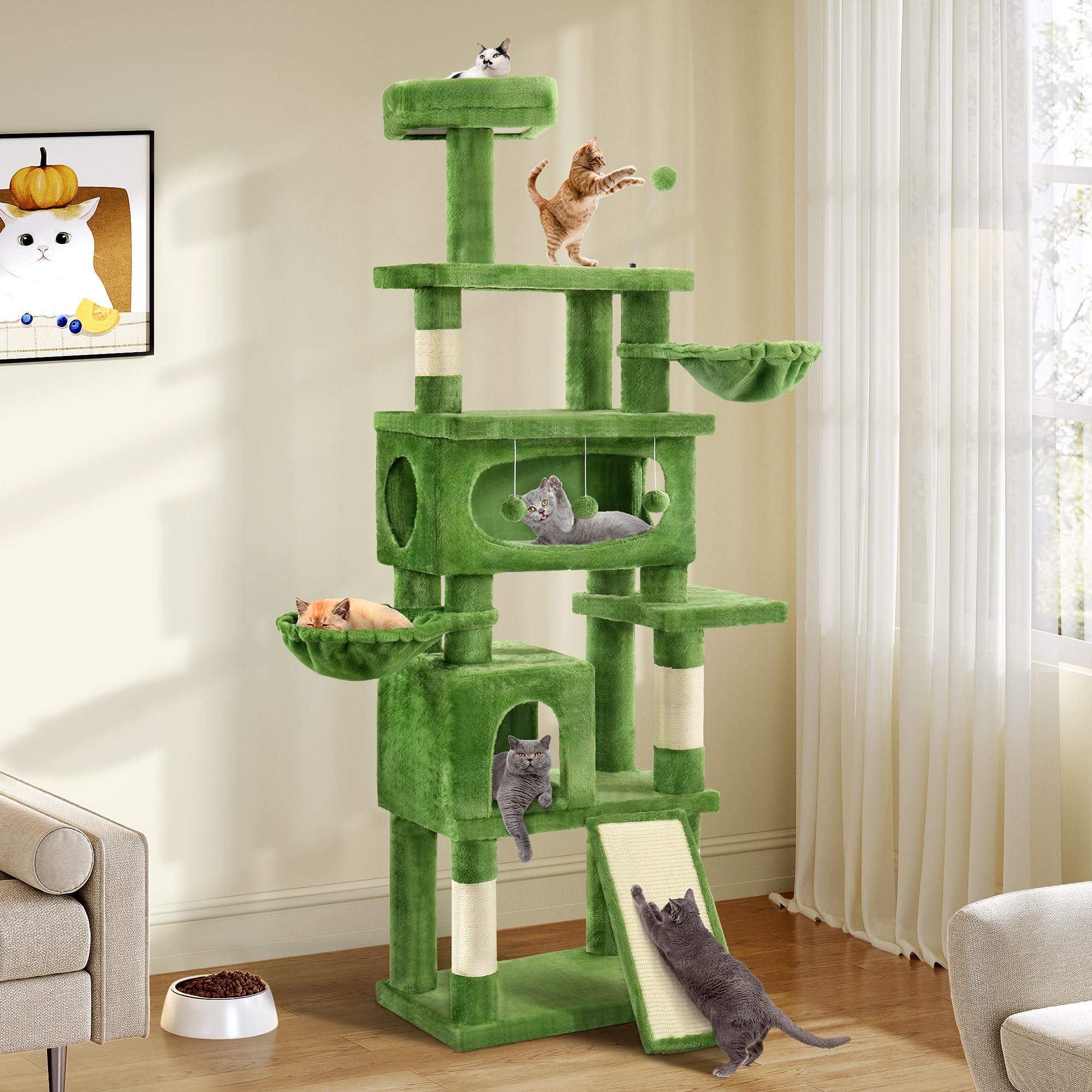 Homiflex 76in Cat Tree for Indoor Cats, Cat Tree Tower with Scratching Posts, Cat Tower w/Hanging Balls, Multi-Level Condo Cozy Hammock, House, Large Flat Platforms, Green