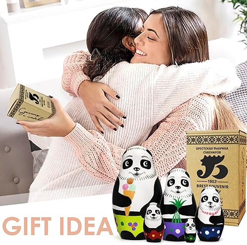 Miniatura 5 de Juego de muñecas anidables de panda hechas a mano, 5 piezas de muñecas rusas de madera matryoshka pintadas a mano, figuras apilables de animales