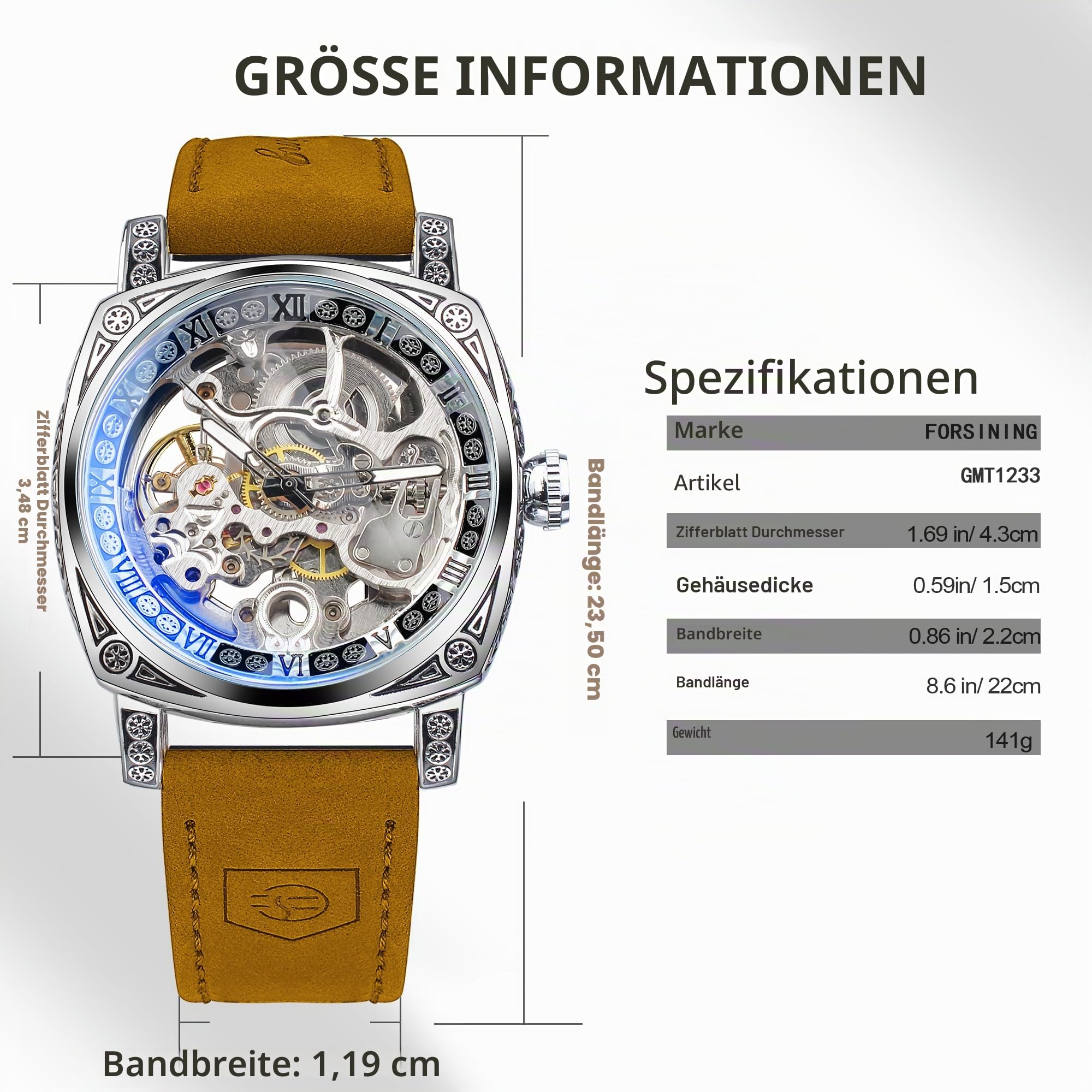 FORSINING Uhren für Herren, quadratisch, Retro, mechanische Uhr, selbstaufziehend, geschnitzt, Skelett, Automatikuhren, Vintage-Lederarmband, Silberbraun, Retro