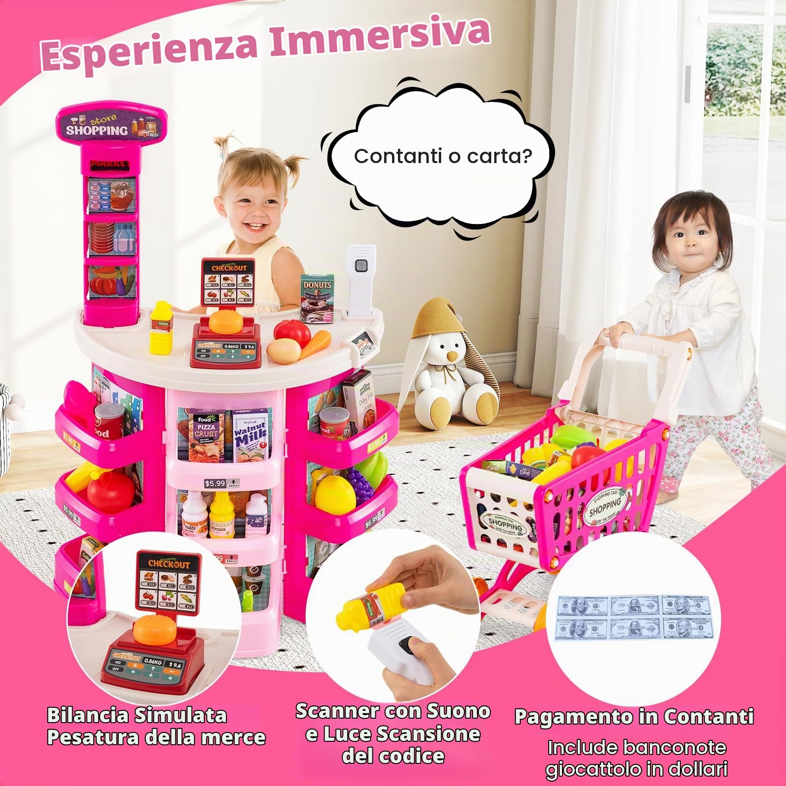 HOMASIS Supermercato Giocattolo per Bambini con Carrello della Spesa e 29 Accessori, Negozio di Alimentari con Luci e Suoni, Cassa, Bilancia e Scanner, Banco per Bambini dai 3+ Anni (Rosa)