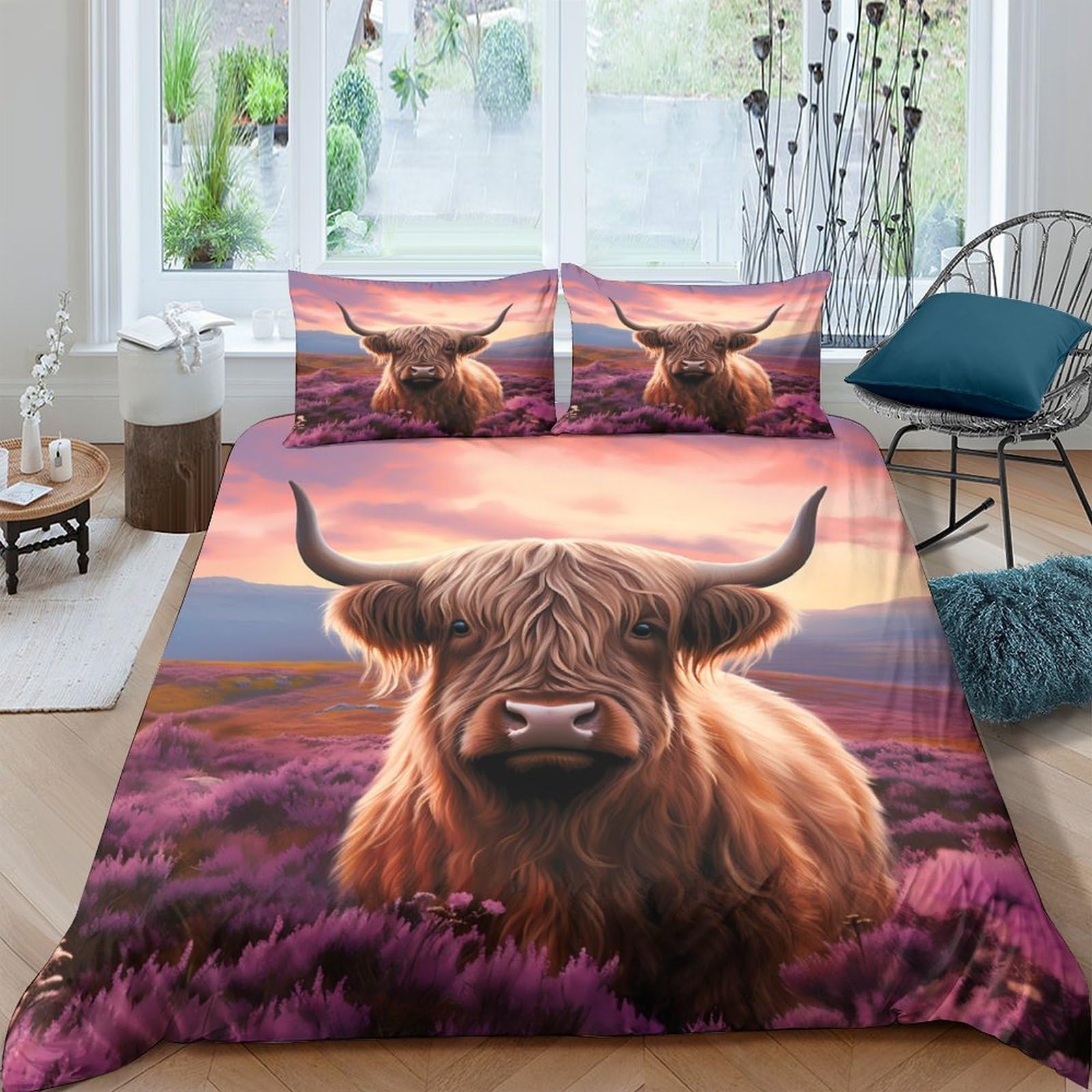GPLZQXKJNH 3D Printed Highland Cow Duvet Cover Microfiber Soft Breathable Sunset Landscape Bedding Set with 2 Pillowcases for Bedroom Home Single（135x200cm）