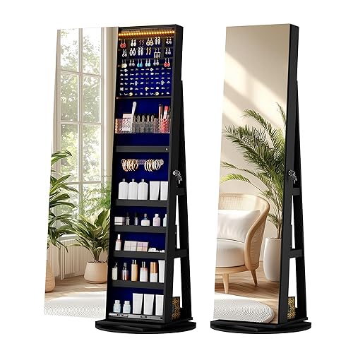 LVSOMT 360° Rotating Jewelry Mirror Cabinet with LED Lights and Lock - Freestanding Jewelry Storage Organizer for Bedroom, Closet, Vanity, Cosmetics & Accessories (Black) - Black with Interior Lighting