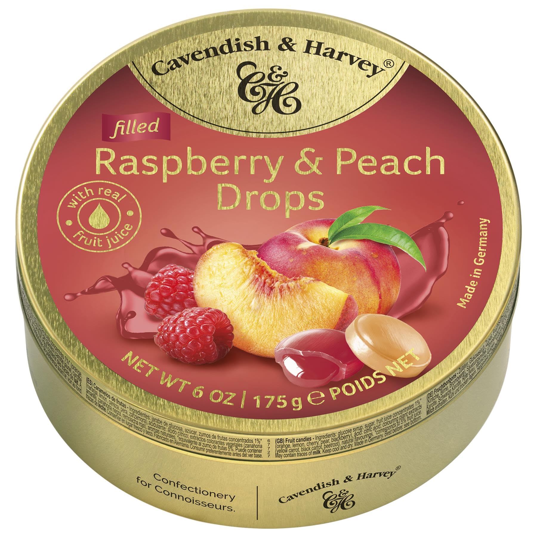 Pack of 3 Cavendish & Harvey Raspberry & Peach Filled Drops in Tin – Premium Fruit Flavoured Travel Sweets with Real Fruit Juice, Hard-Boiled Candy Confectionery – Each H4 x 9.7cm Dia, 175g