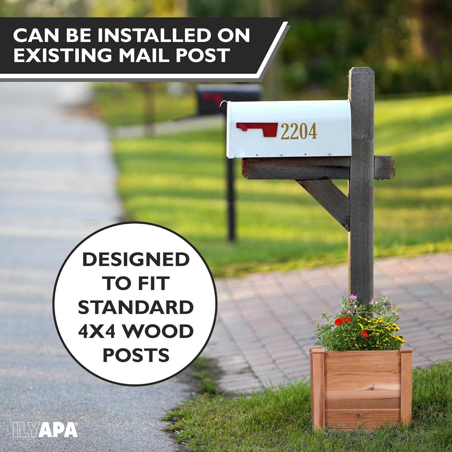 Ilyapa No Dig Mailbox Post Planter Box - 16x16x14 Inch Cedar for Free Standing Mailboxes Outside - Works with existing In-Ground or Mail Box Post