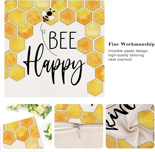 Miniatura 4 de Hofomca Juego de 4 fundas de almohada de primavera y verano con diseño de abeja de 20 x 20 pulgadas, diseño de lunares amarillos, estilo rural,