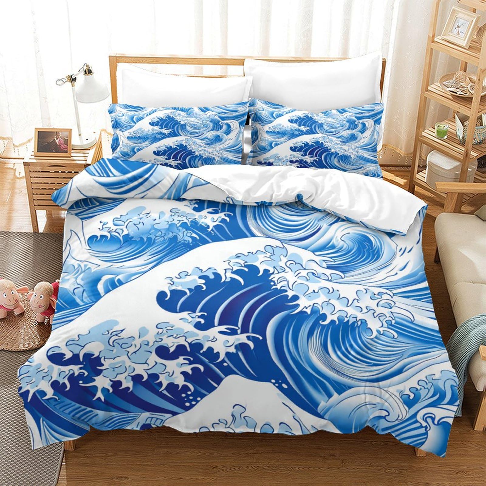 P1S9U7W5Y 3D Printed Ocean Wave Microfiber Duvet Cover Set 3 Pieces Bedroom Decor Blue Sea Bedding Set for Adults Teens King（220x240cm）