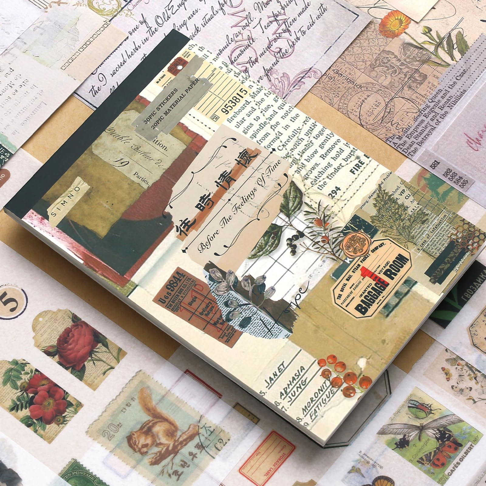 CMBPNNGS 411 Pezzi Vintage Scrapbook Accessory Set con 30 Fogli di Adesivi e 20 Fogli di Carta per Bullet Junk Journal Scrapbook Journaling, Sentimenti
