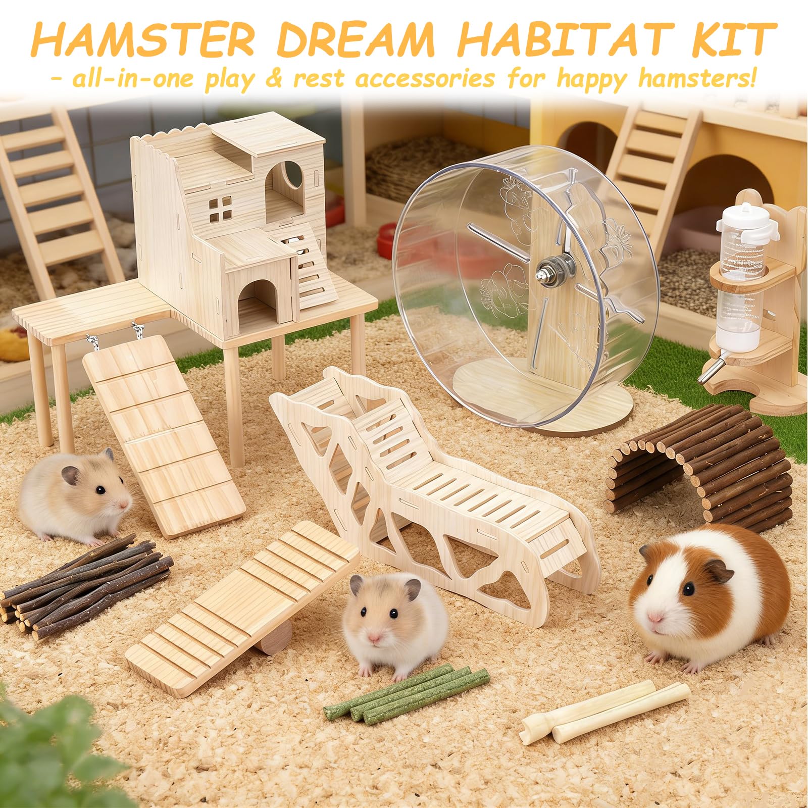 Hamsterspielzeug Komplettset - Geräuschloses lautloses Laufrad, Labyrinth-Holzhaus, Ständer, Kauspielzeug & Wasserflaschenkäfig-Zubehör für Hamster, Ratten, Mäuse, Kleintier-Lebensraum