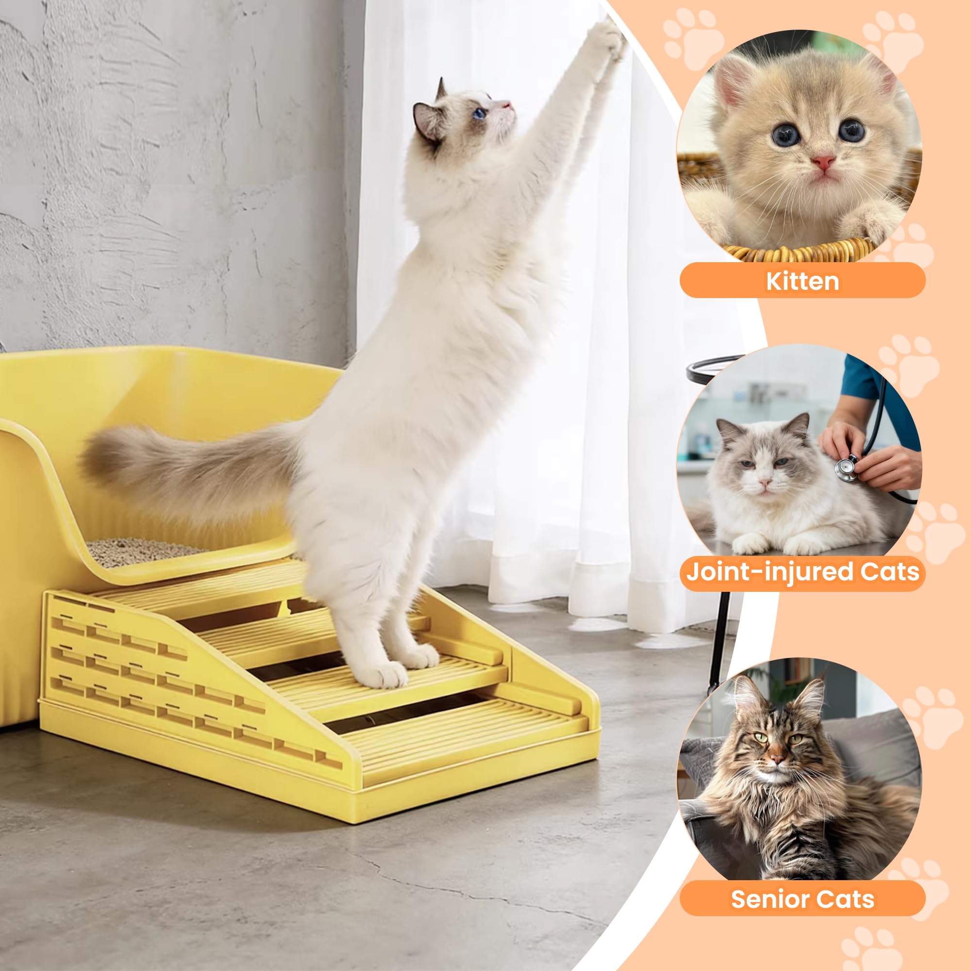 Caja de arena ajustable para gatos con función de filtro, rampa para gatos, atrapador de arena para escaleras, color amarillo