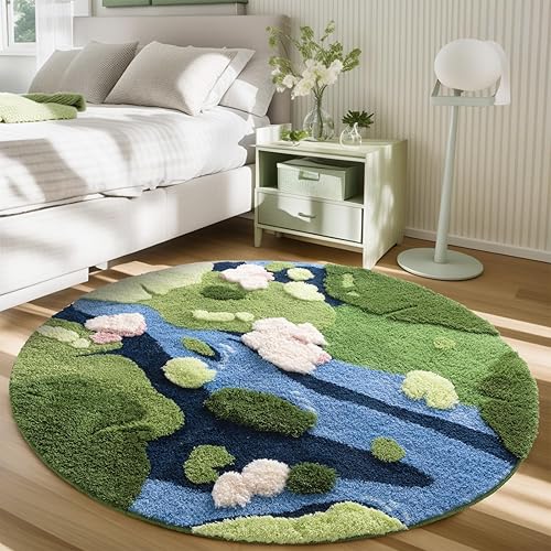 Miniatura 6 de YIHOUSE Alfombra redonda moderna de musgo verde hierba, alfombra estética para dormitorio, antideslizante, esponjosa, lavable, para habitación de