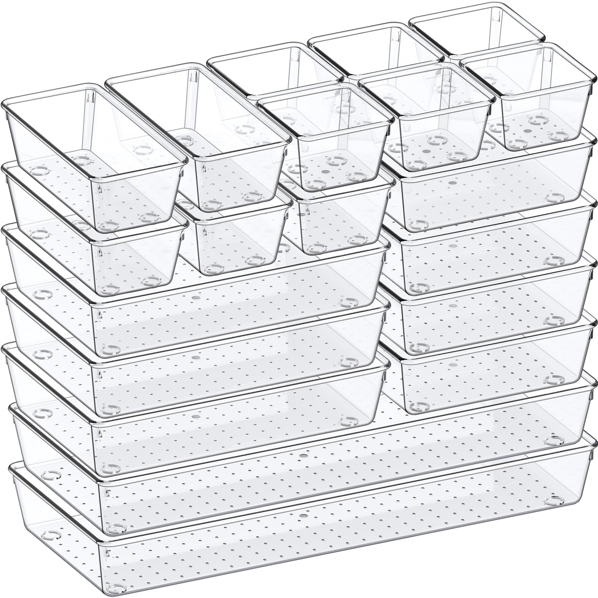 Criusia Organizer per cassetti, 5 dimensioni, versatili, per bagno e toeletta, confezione da 20 organizer per cassetti da cucina, in plastica trasparente, contenitori per trucchi, bagno, gioielli e