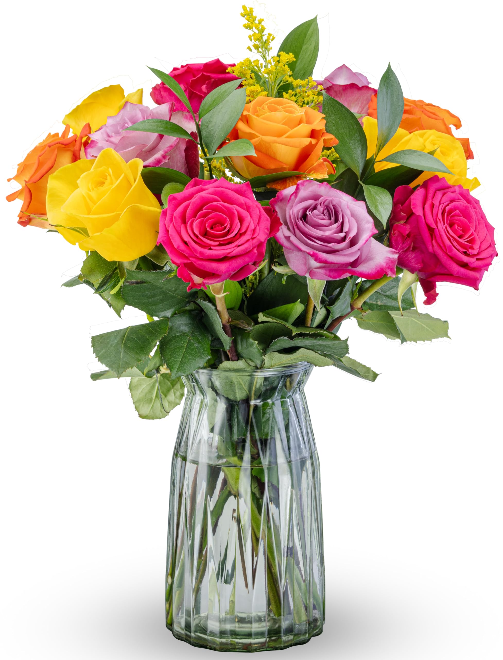 Benchmark Bouquets - 12 Long-Stemmed Rainbow Roses (Glass Vase Included) - Fresh Flowers for Next Day Delivery - Gift for Birthday, Anniversary, Get Well, Sympathy, Congratulations, Valentine's Day