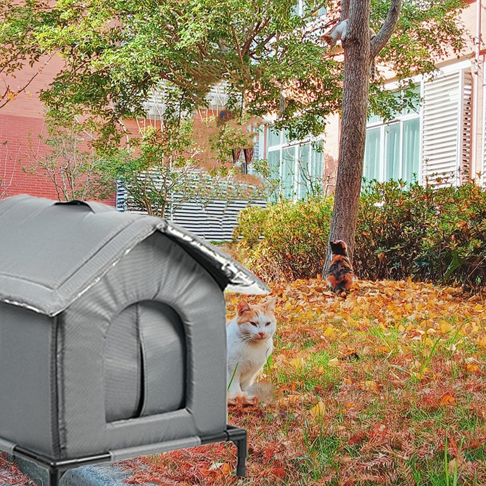 Gralara Niche pour Chat, Abri et Refuge Maisonnette d'Extérieur Chaude avec Coussin Doux et Support Surélevé, Niche pour Petits Animaux Extérieur Hiver, Adapté pour Chats, S