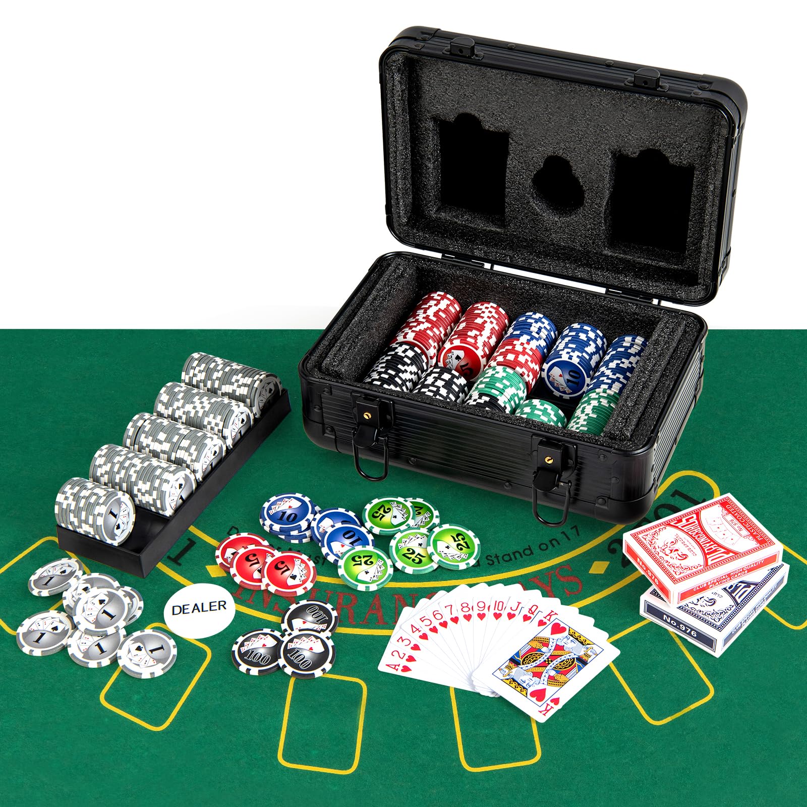 GOPLUS Kompletny zestaw do pokera, walizka z aluminium z 300/400 żetonami do pokera, 2 taliami na karty, 5 kostkami, guzikami i obrusem, kasyno walizka pokerowa do Texas Hold'em, blackjack i turniejów