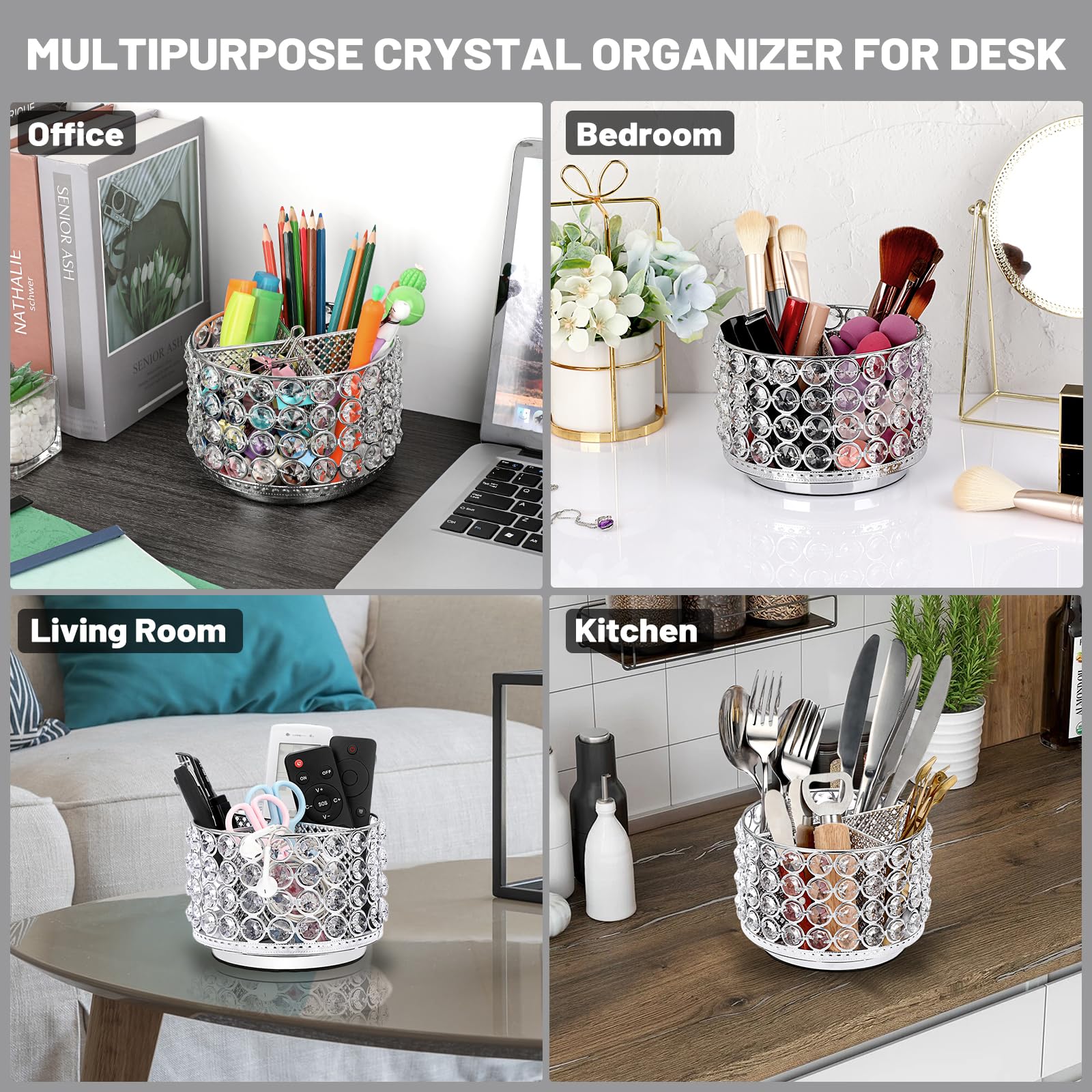 BTSKY Organizer da scrivania in cristallo, girevole a 360 gradi, con 4 scomparti, in metallo glitterato, elegante portaoggetti per la casa, regalo per donne, rotondo, 4 scomparti, argento