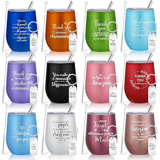 Uiifan 12 Pcs Employee Appreciation Gifts 12 oz Inspirational Wine Tumbler with Keychain Stainless Steel Bulk Thank You Gifts for Women, Men, Coworker, Nurse, Teacher, Staff, Colleague, Assorted Color