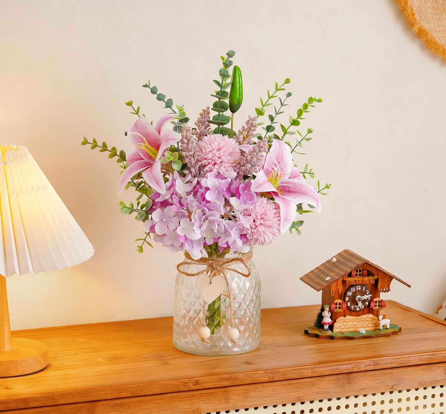LUEUR Faux Flowers with Vase, Artificial Silk Flowers in Vase, Fake Pink Lily,Purple Hydrangea and Dandelion flower, Arrangement for Home Spring Decor Dining Table Centerpiece Decorations Coffee Table