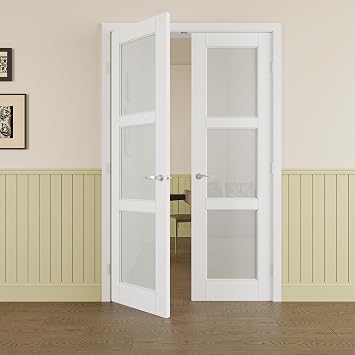 36x80 Interior French Door,3-Lite Frosted Glass Doors,DIY Room Prehung Door | Solid Core Prehung French Door, Tempered Frosted Glass, Prefinished & Paintable, with Jamb, Silver Hinges, 4 Levers & Latch