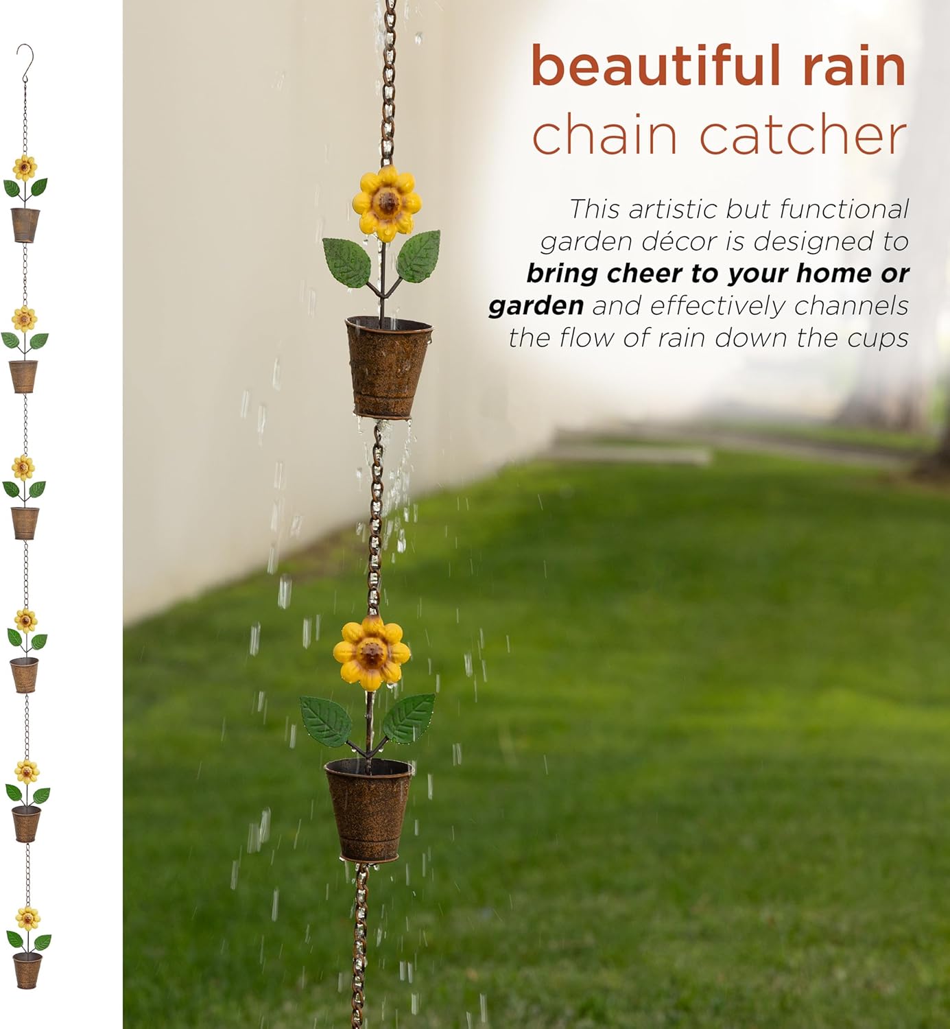 Alpine Corporation 76" H Outdoor Metal Sunflower Pot Rain Chains, Downsprout Rain Catchers Hanging Decor, Multicolor