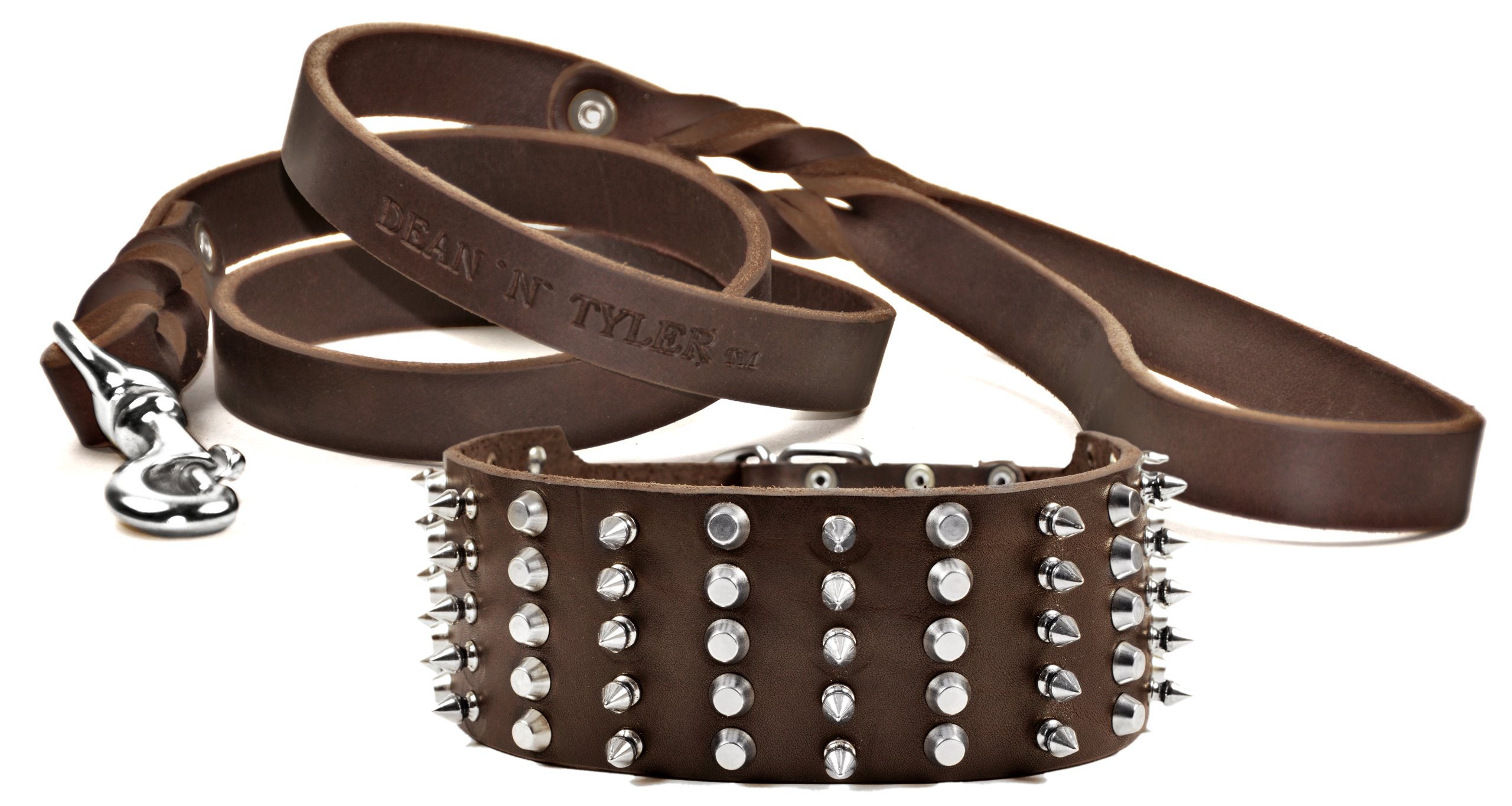 Collier Heaven Dean & Tyler en cuir marron avec laisse assortie