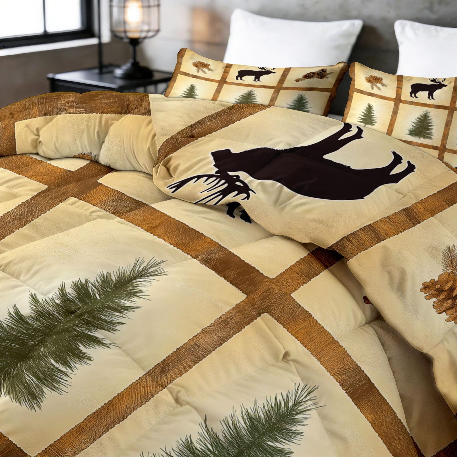 Forest Baldosas Pino Alce Suave Edredón Edredón 140 x 200 cm, Estilo Vintage Ligero Edredón para Cama - Lavable a máquina Caliente Manta 4 Estaciones Edredón para Niños Niñas Niños Adolescentes