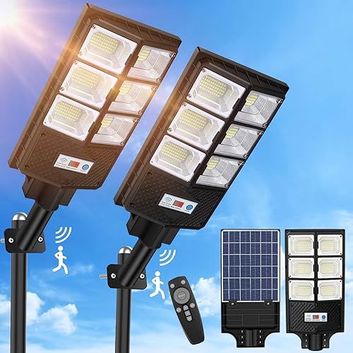VUAA Paquete de 2 luces solares para exteriores, impermeables, 6500 K, 10000 lúmenes, luces solares LED para exteriores del atardecer al amanecer,