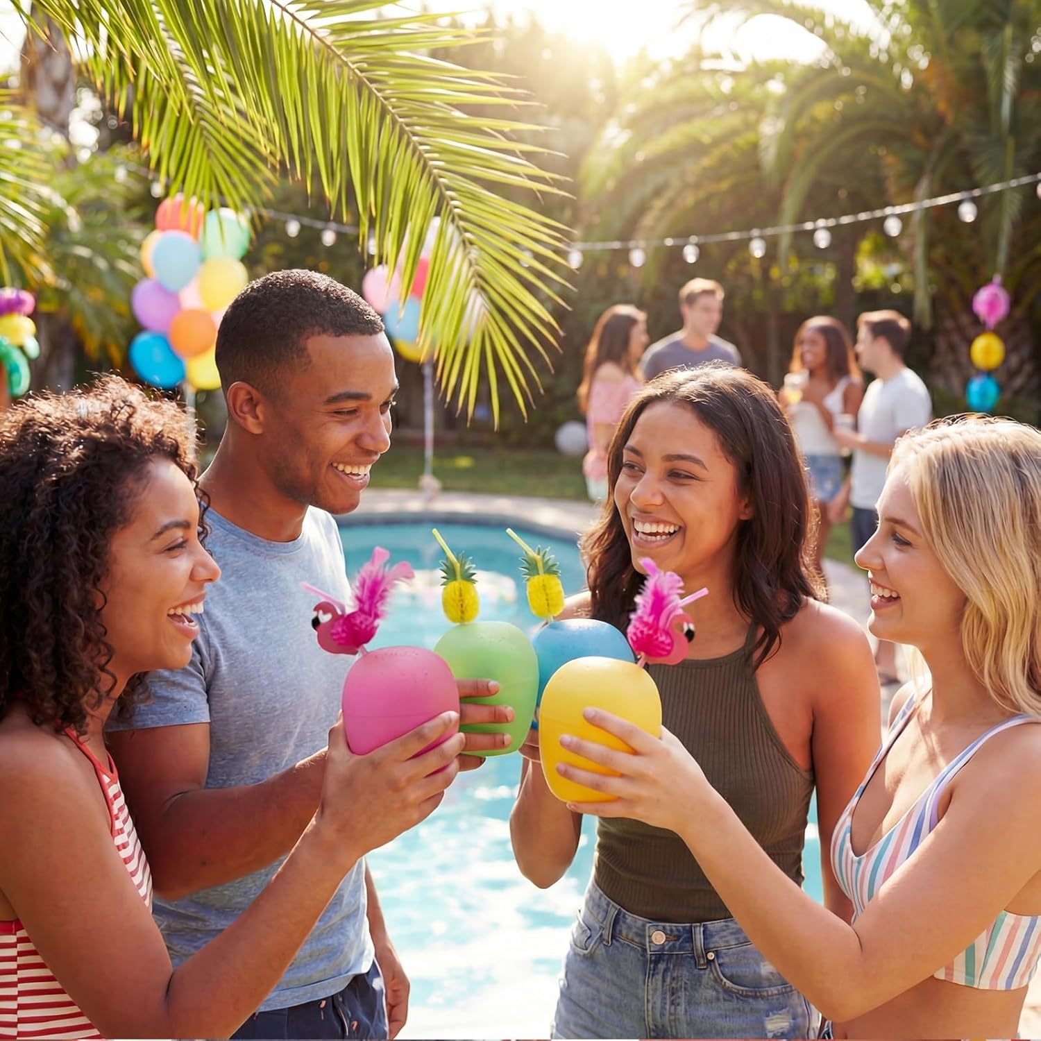 Chengu 48 Pcs Coconut Cups Party Set, 24 Coconut Cups with 12 Pineapple Straws & 12 Flamingo Straws, Hawaiian Luau Tiki Summer Beach Party Decorations & Favors for Adults(Pink,Yellow,Green,Blue)