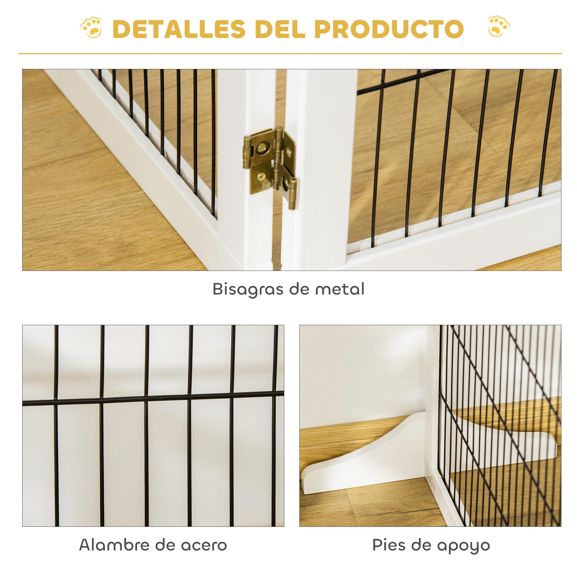 PawHut Barrera de Seguridad para Perros de Madera Plegable, para Escaleras y Puertas, Valla para Perros Pequeños y Medianos de 6 Paneles, con Soporte de Pie, para Interiores, 432x36x70 cm, Blanco