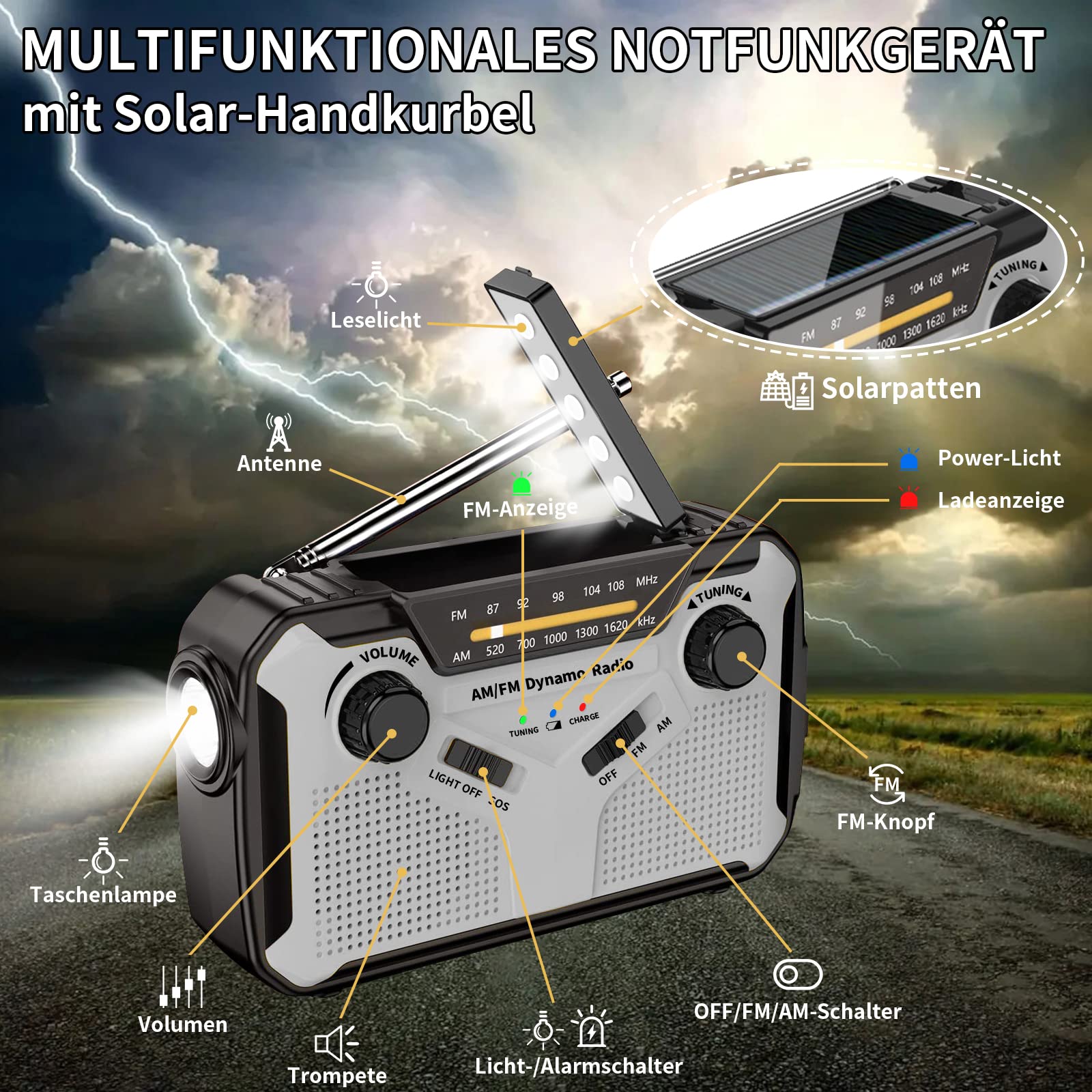 Solar Radio, AM/FM Tragbar Kurbelradio Dynamo Notfallradio mit 4000mAh Wiederaufladbare Batterie, Led Taschenlampe, SOS-Alarm für Camping, Ourdoor, Notfall (Grey)