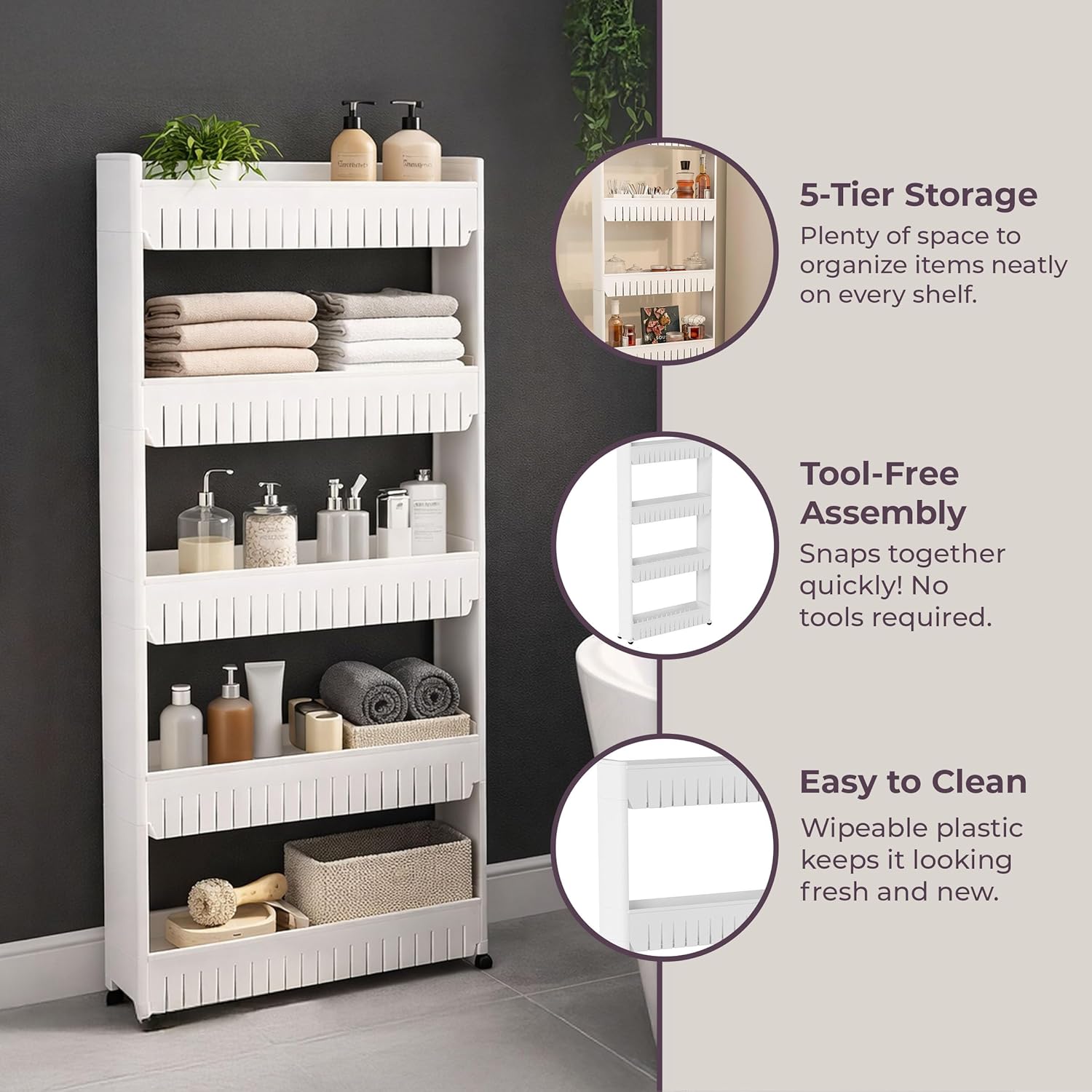 Slim Rolling Storage Cart - 5-Tier Utility Cart with Wheels for Bathroom, Kitchen, and Laundry Room - Bathroom Shelves by Lavish Home (White)