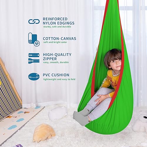 Vista 3 de Hamaca tipo cápsula OUTREE 100% de algodón para niños. Para uso interior y exterior, Verde