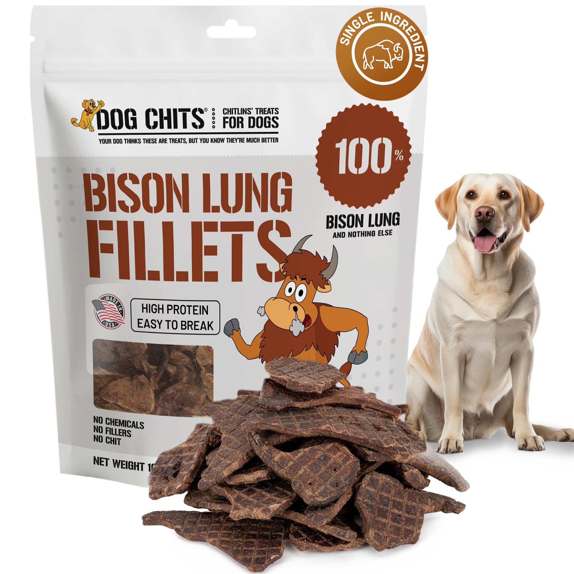 Dog Chits Bison Lung Fillets for Dogs – All-Natural, High Protein Single Ingredient Dog Treats Bison Lung Dog Treats – Grain-Free, Low-Fat – Safe with Sensitive Stomachs – 10 oz