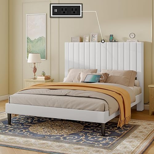 Miniatura 6 de Base de cama tamaño Queen tapizada en terciopelo con estación de carga, soporte de listones de madera, base de colchón, somier opcional, color blanco