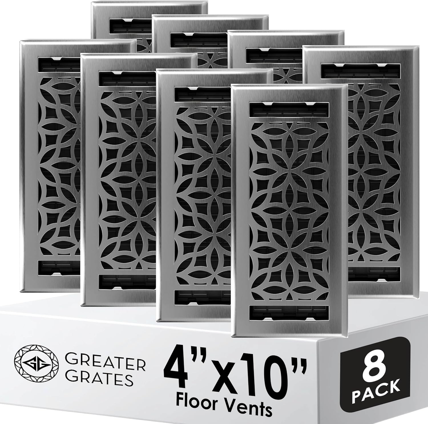 Floor Register 4x10 Vent Cover – 8 Pack – Heavy-Duty Steel, Rustproof & Walkable Grates, Easy Drop-in Install, Adjustable Air Supply Switch - Decorative Floral Design, Brushed Nickel